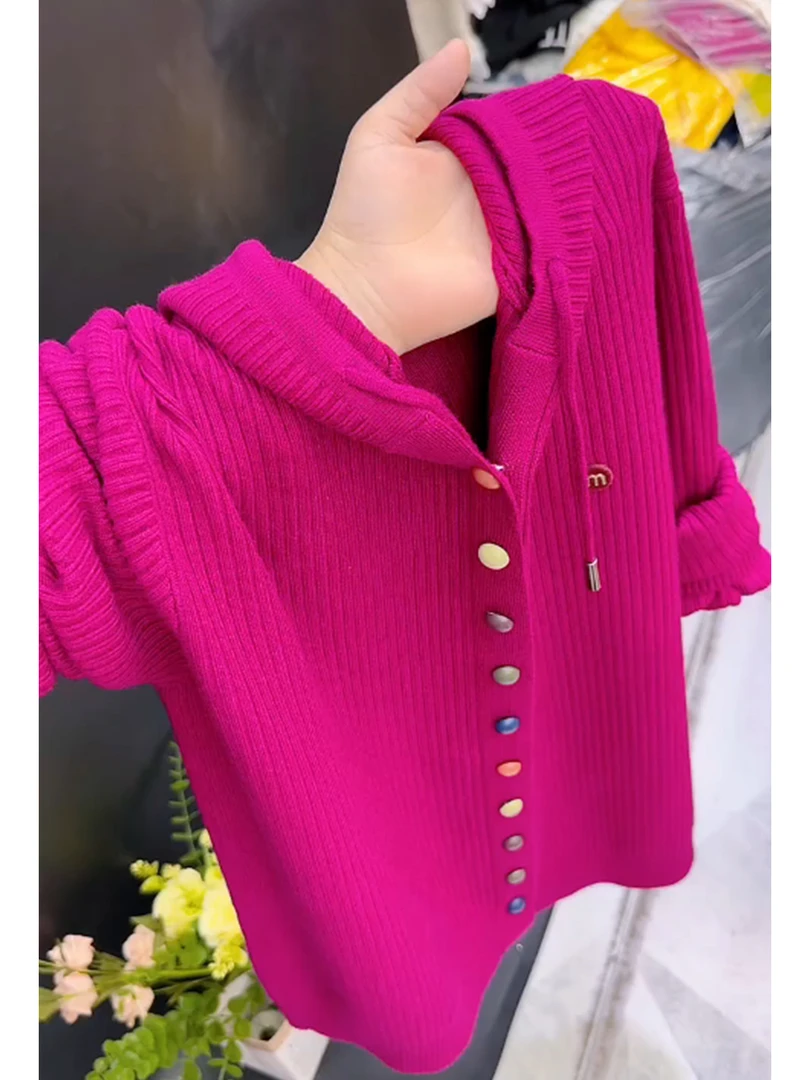 长袖连帽单排扣玫红色针织毛衣女冬2025软糯简约宽松舒适休闲开衫