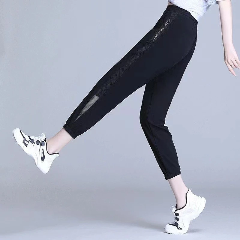 夏季薄款九分速干弹力透气宽松百搭春夏高腰裤子束脚运动裤女大码