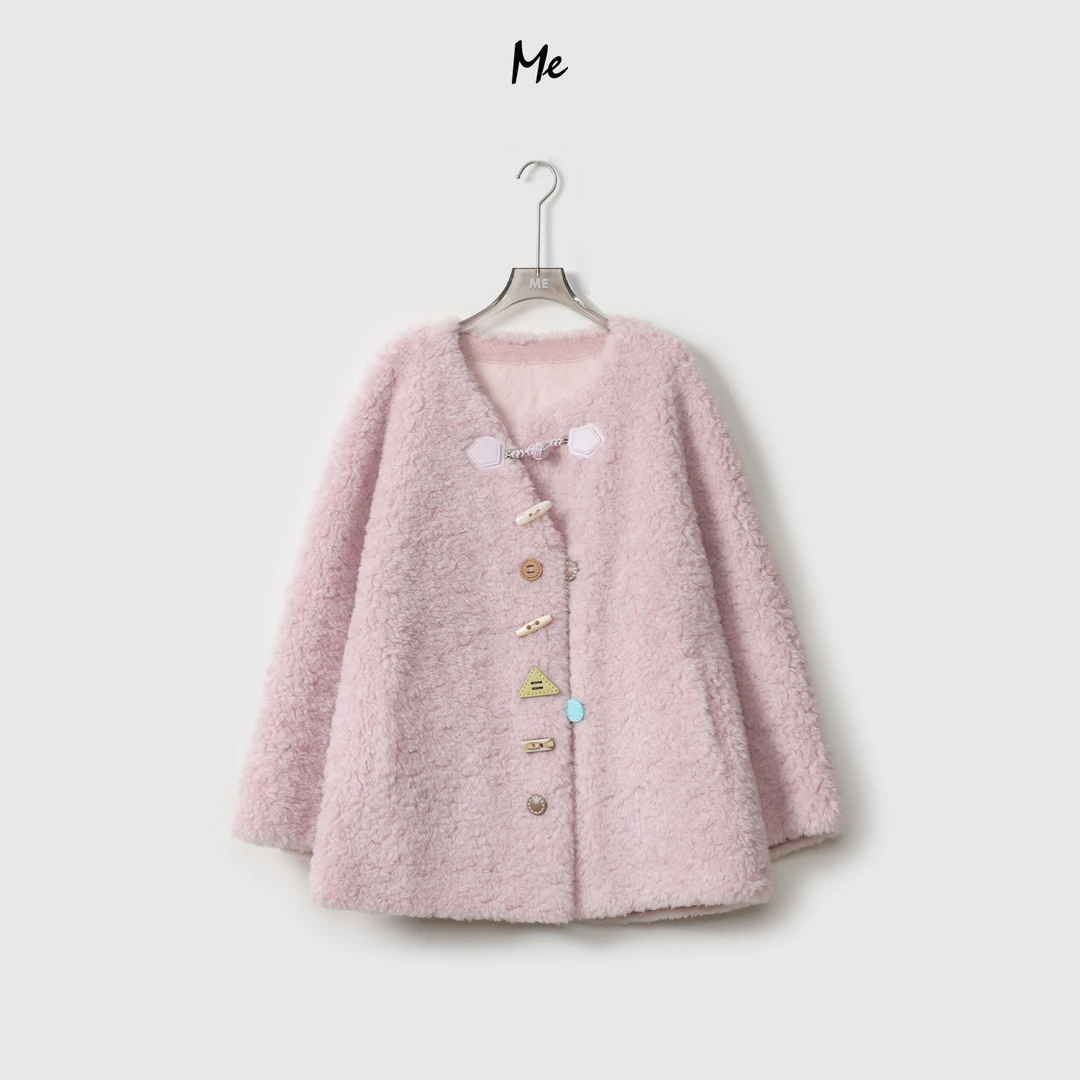 ME【彩扣芭莎】100绵羊毛手工彩扣保暖百搭一手长毛毛外套MEQA4777