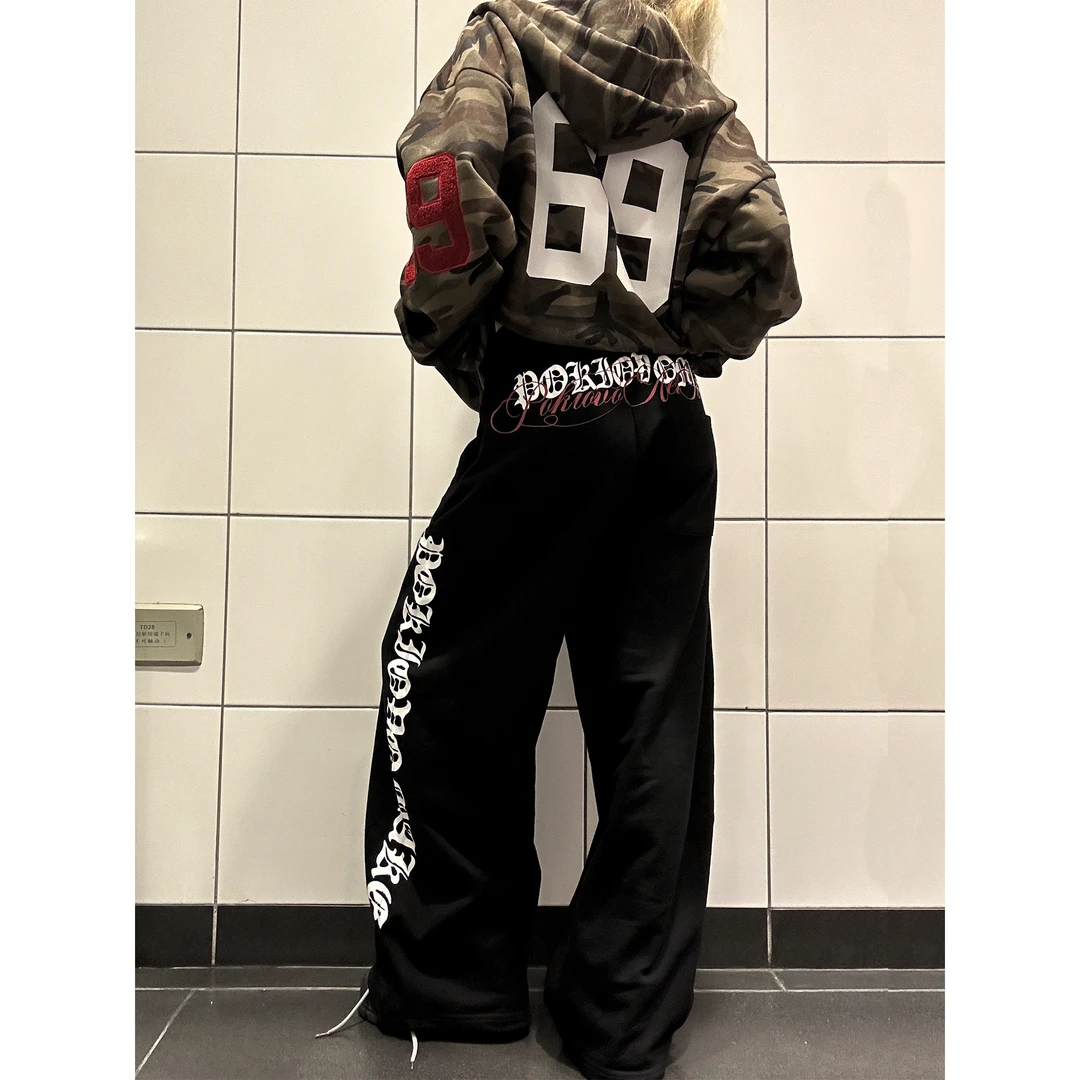 哥特式字母印花休闲卫裤男女宽松百搭阔腿拖地裤嘻哈跳舞潮牌长裤