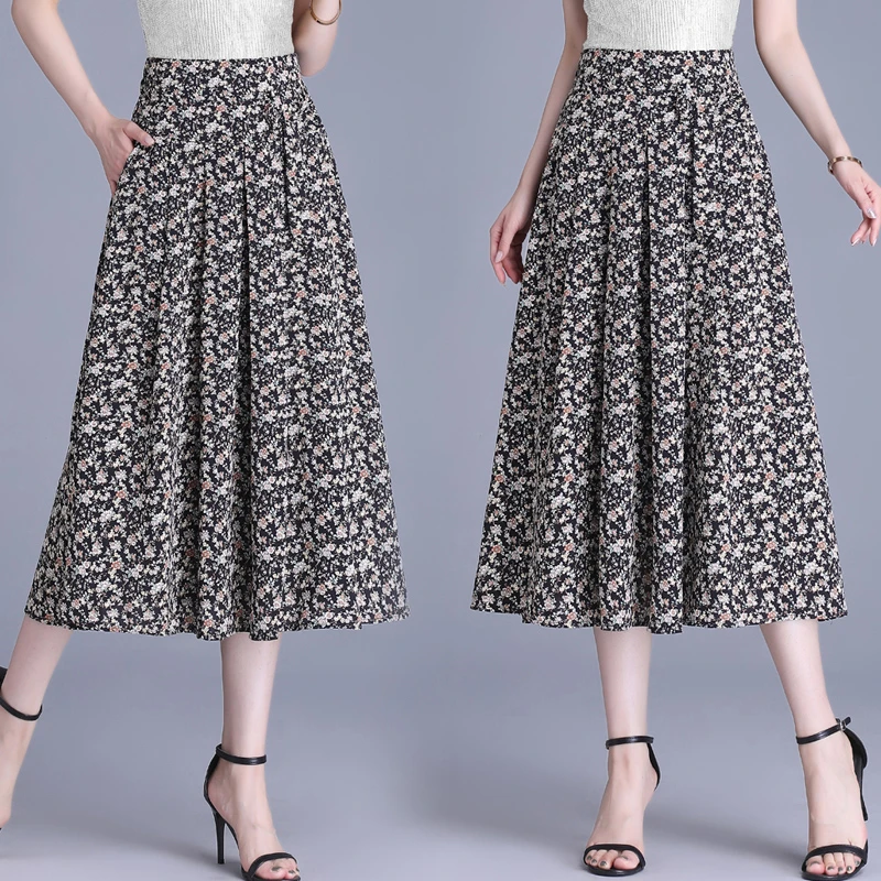 哥弟阿玛施正雪纺碎花半身裙女夏季高腰宽松垂感a字休闲百褶长裙