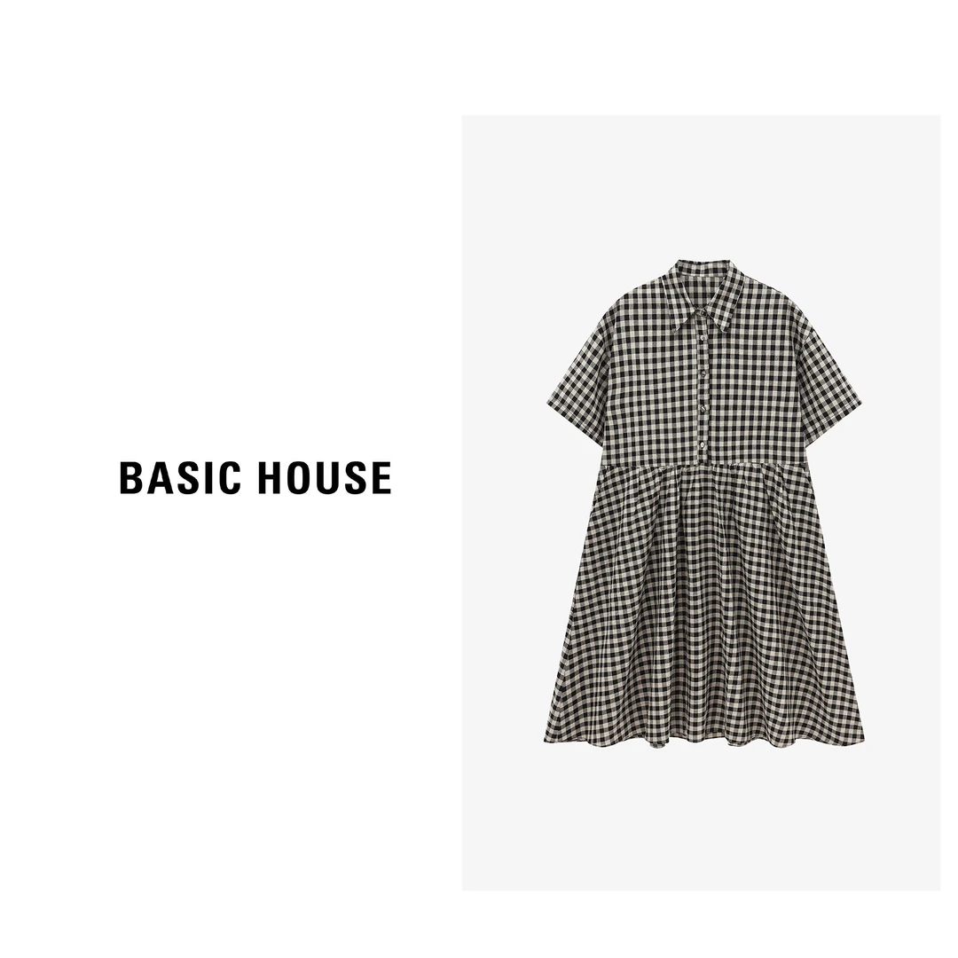 Basic House/百家好新款时尚经典棋盘格衬衫显瘦长裙-B0625B5BSJ2