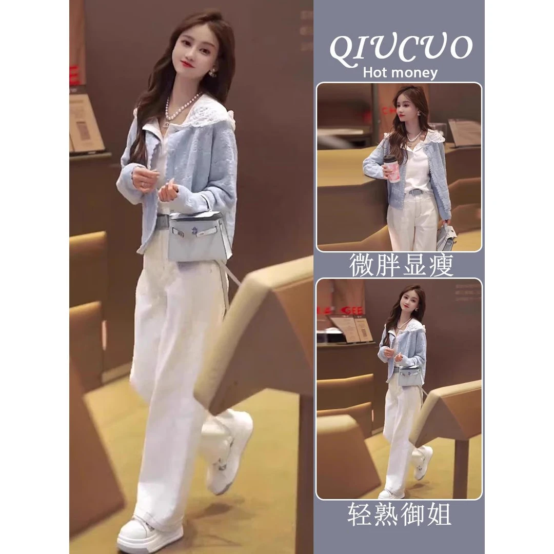 2025开春穿搭一整套韩系减龄镂空针织衫连帽蕾丝上衣阔腿裤三件套