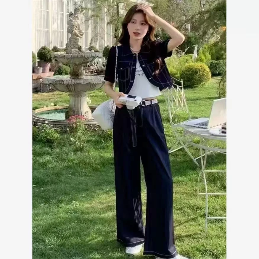 2025夏季新款短袖上衣外搭遮肉吊带阔腿裤洋气三件套HJ-1931