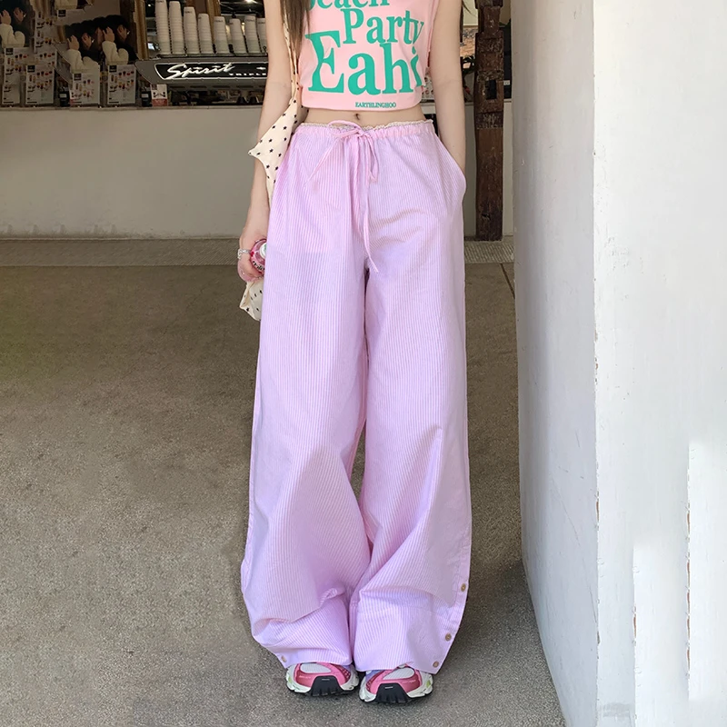 KRO复古低腰竖条纹阔腿裤垂感拖地裤慵懒抽绳松紧腰休闲裤女
