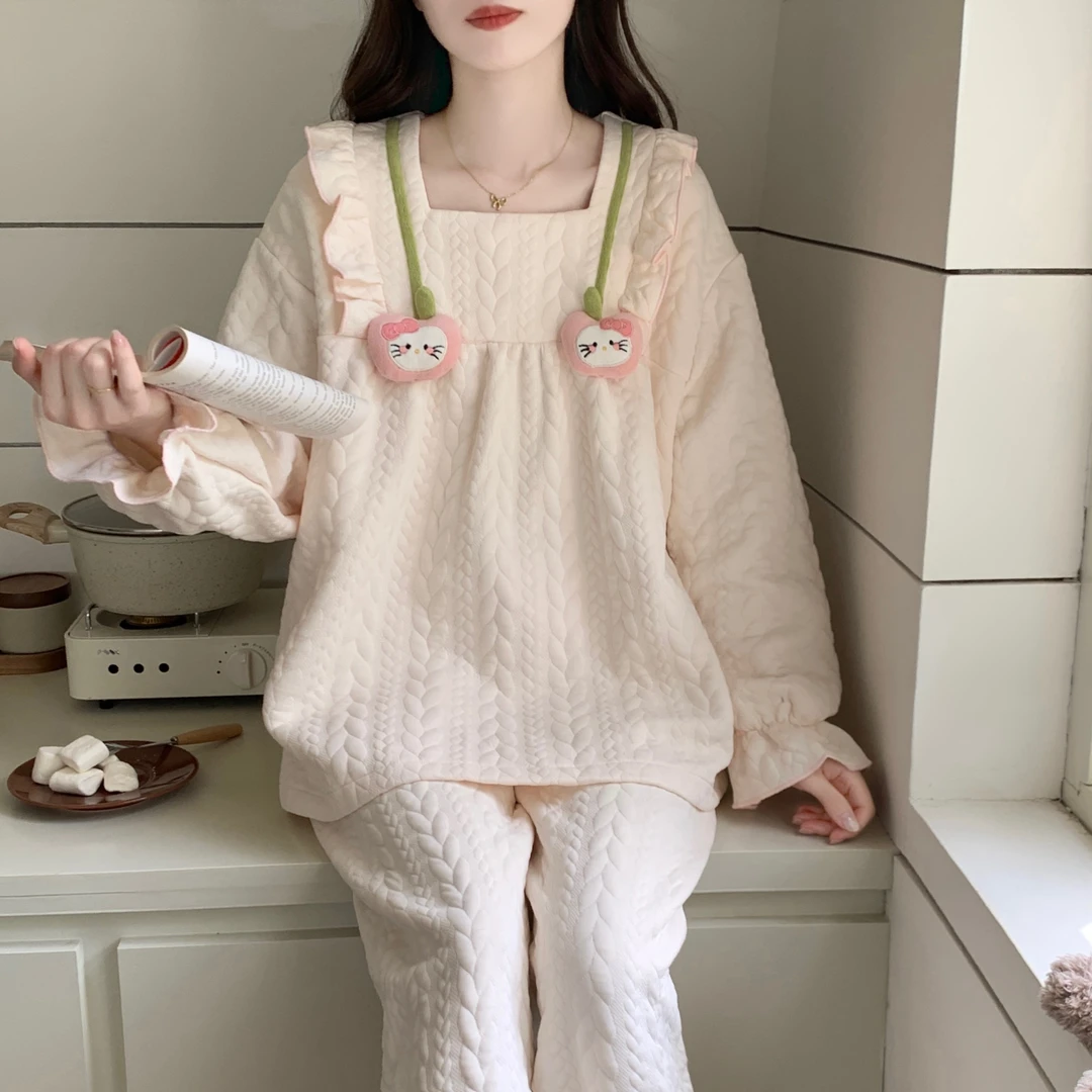 新款睡衣女秋冬长袖空气棉夹层加厚保暖舒适宽松可外穿家居服套装