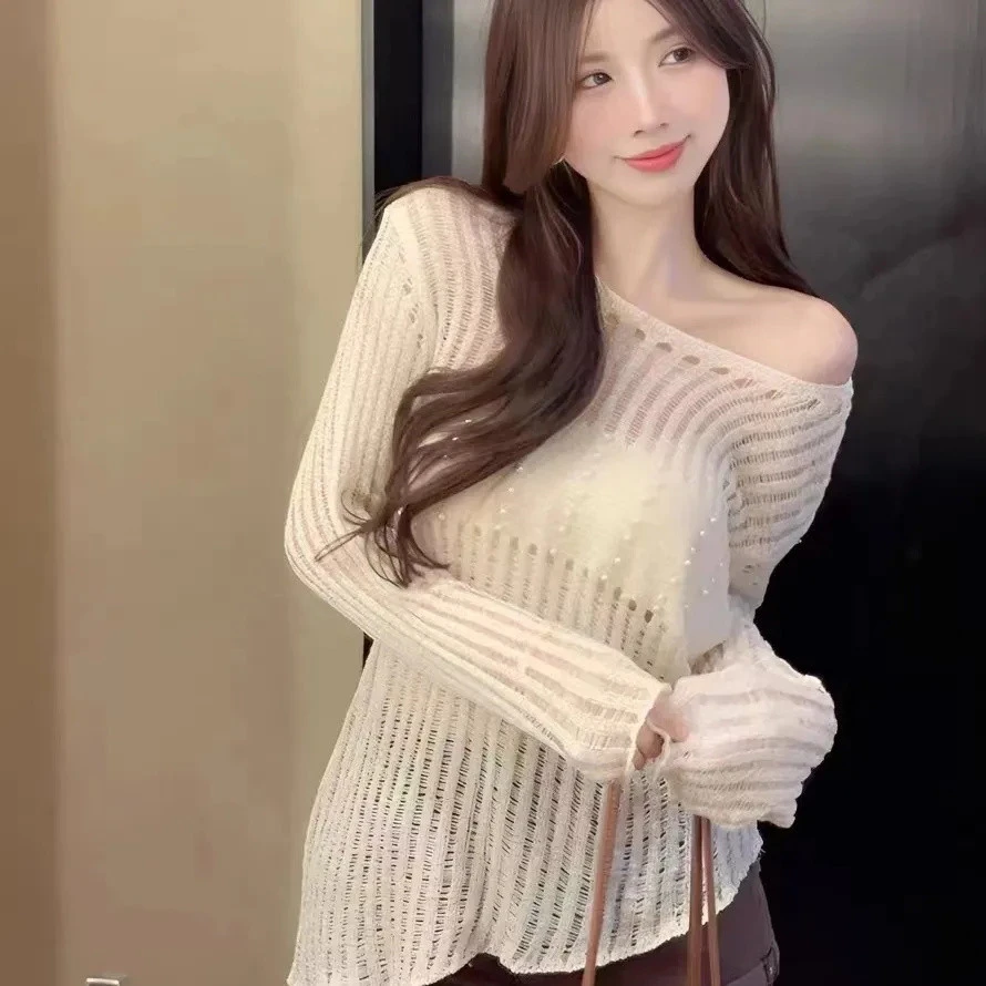 修身薄款针织罩衫秋季法式不规则露肩镂空宽松针织衫新款长袖上衣