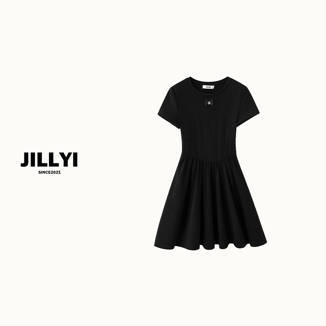 JILLYI珠海店【A钻小黑裙】蝴蝶结纯色女装连衣裙气质时尚休闲夏季