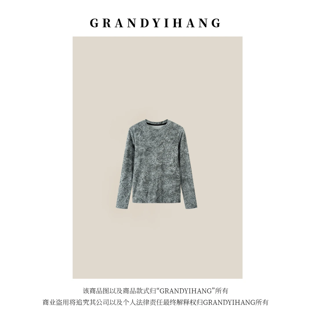 【艳姐推荐】早秋新款简约时尚修身长袖圆领树根纹T恤上衣24212