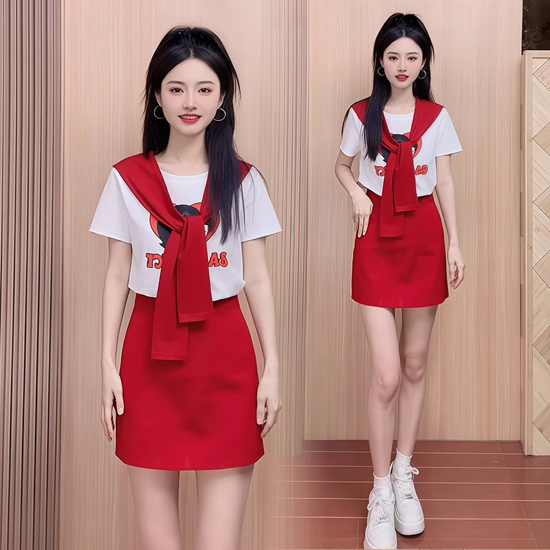 高含棉时尚减龄套装女2025夏季新款韩版印花短袖t恤半身裙两件套