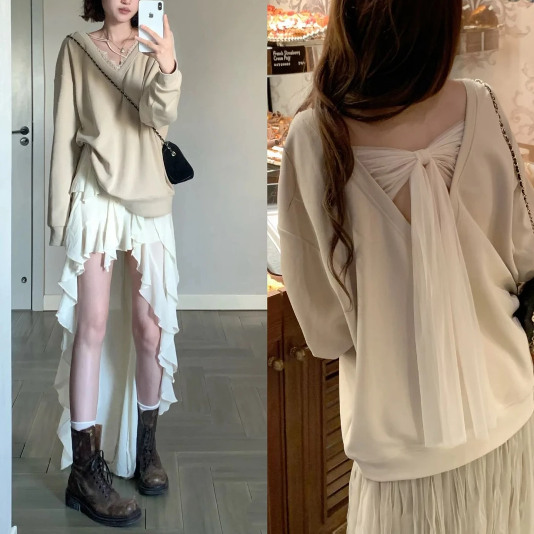 韩系早秋季上衣不规则半身裙设计感网纱蝴蝶结V领卫衣两件套A1521