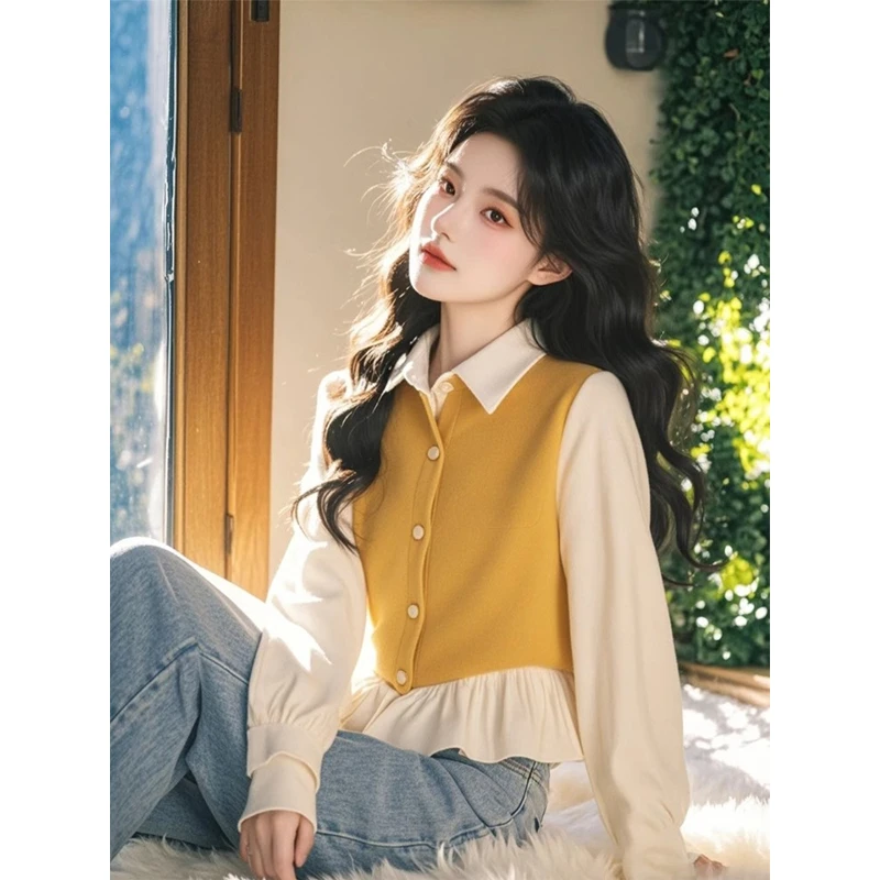 JY#黄色假两件荷叶边衬衫女春季新款韩系好看设计感上衣DY12544