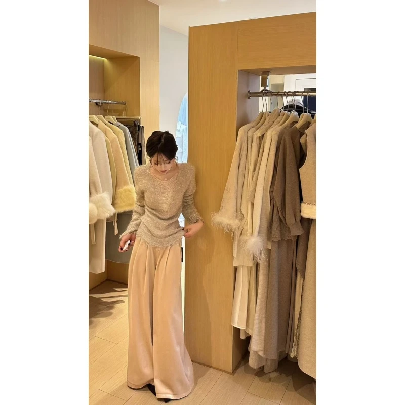 温柔慵懒风时尚减龄套头毛衣女秋冬新款高级感百搭显瘦阔腿裤套装