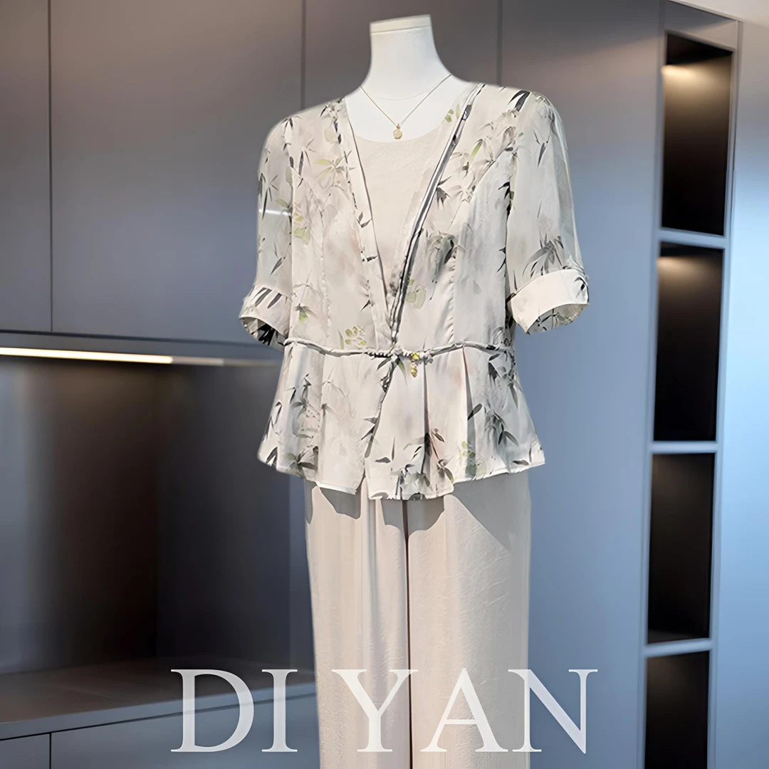 新中式妈妈夏装短袖小衫两件套40岁中老年女装洋气阔太太国风套装