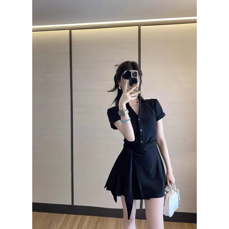 1038# 夏韩版运动风polo翻领绑带收腰开叉上衣+纯色短裤两件套