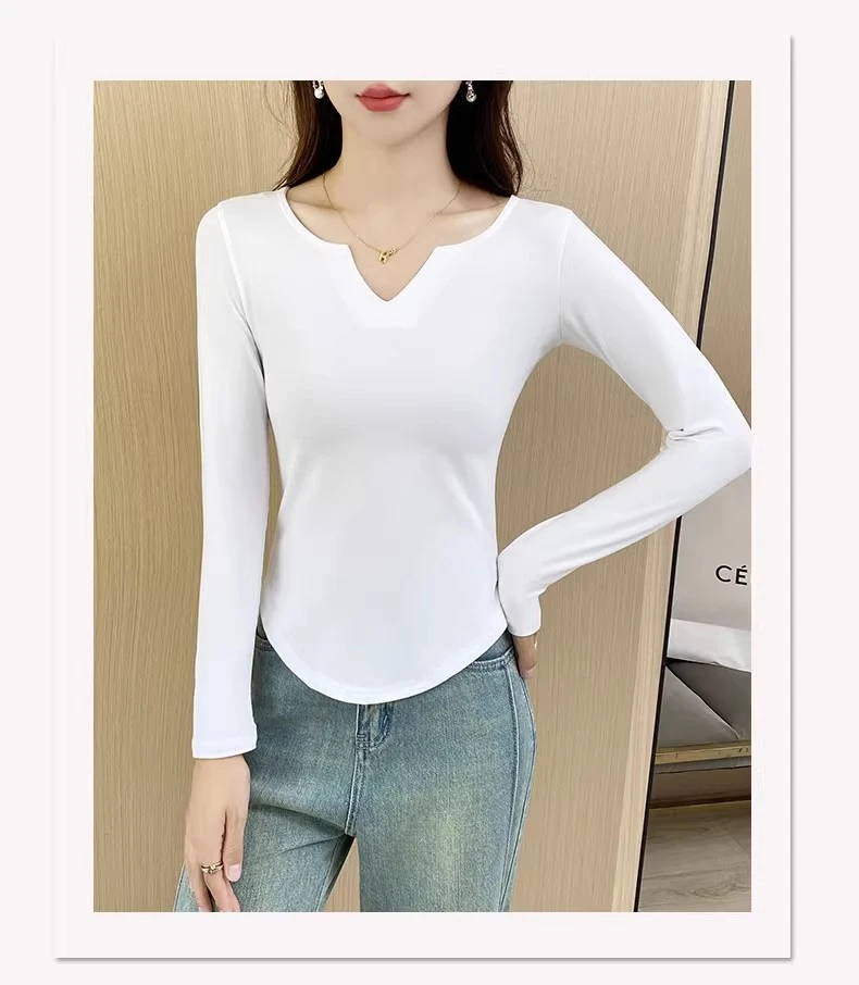 桃心领2024新款白色打底衫女内搭秋长袖T恤U型下摆百搭上衣不规则