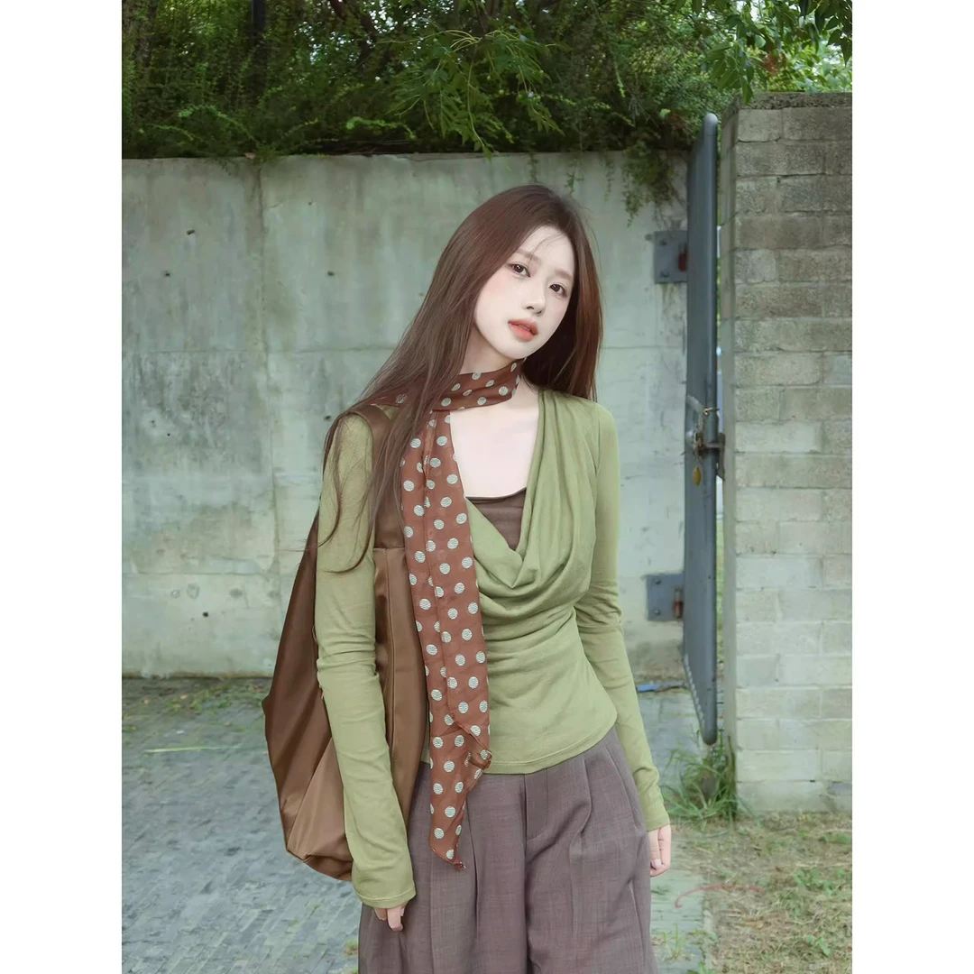 韩系气质不规则v领长袖t恤女秋季内搭辣妹修身收腰显瘦打底衫上衣