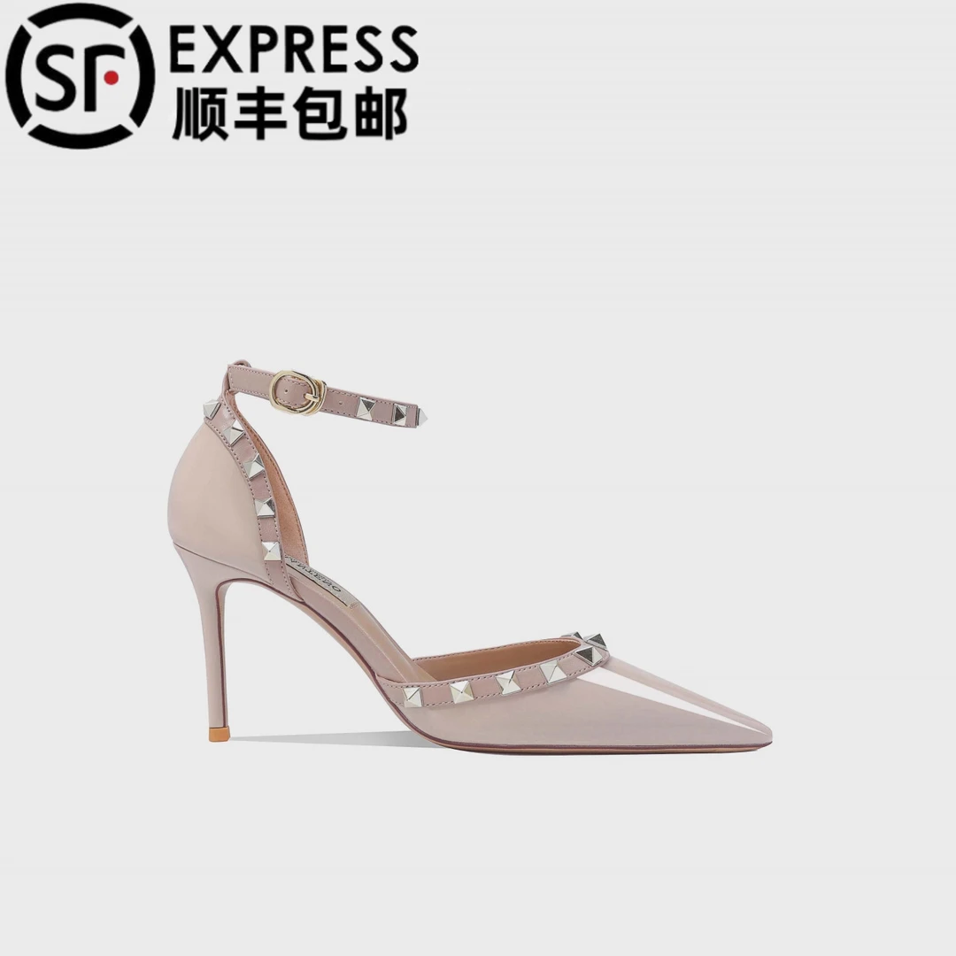法式裸色尖头铆钉高跟鞋女2025春夏新款绝美性感柳丁单鞋一字凉鞋