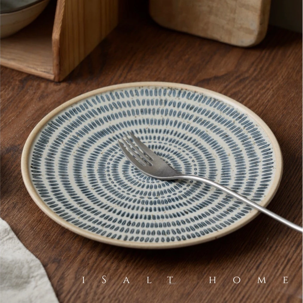 手作跳刀纹盘子.圆形粗陶青花盘早餐盘家用菜盘创意复古/出丹麦