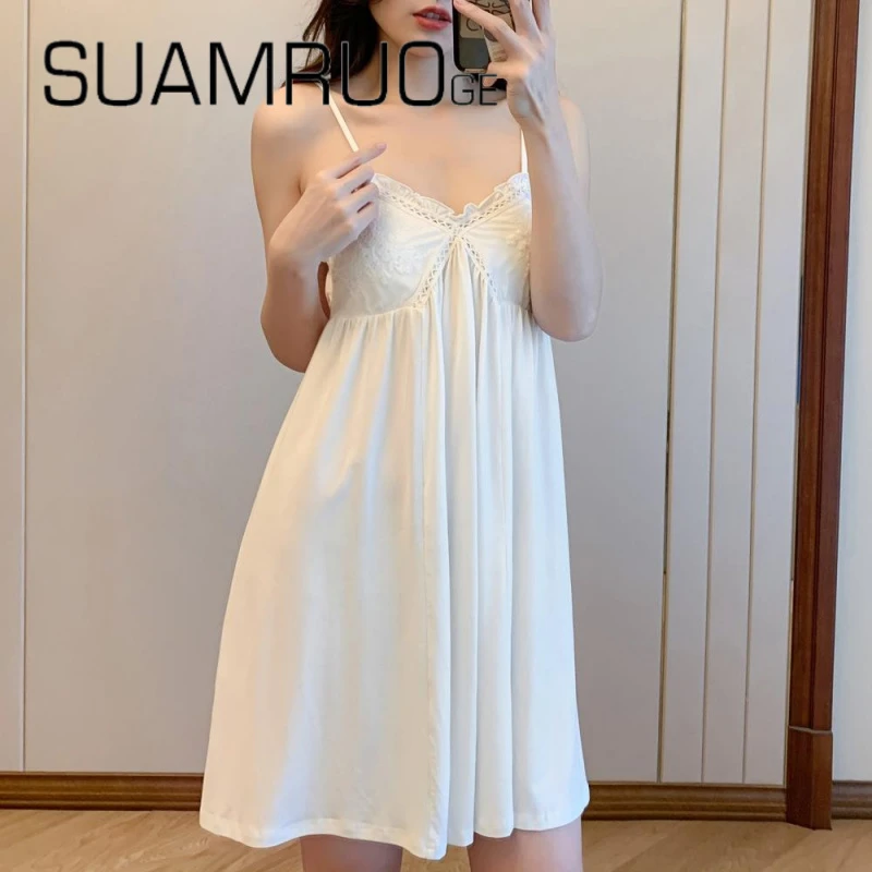 韩版小众性感纯欲风吊带睡裙女夏季纯棉薄款带胸垫可外穿家居服