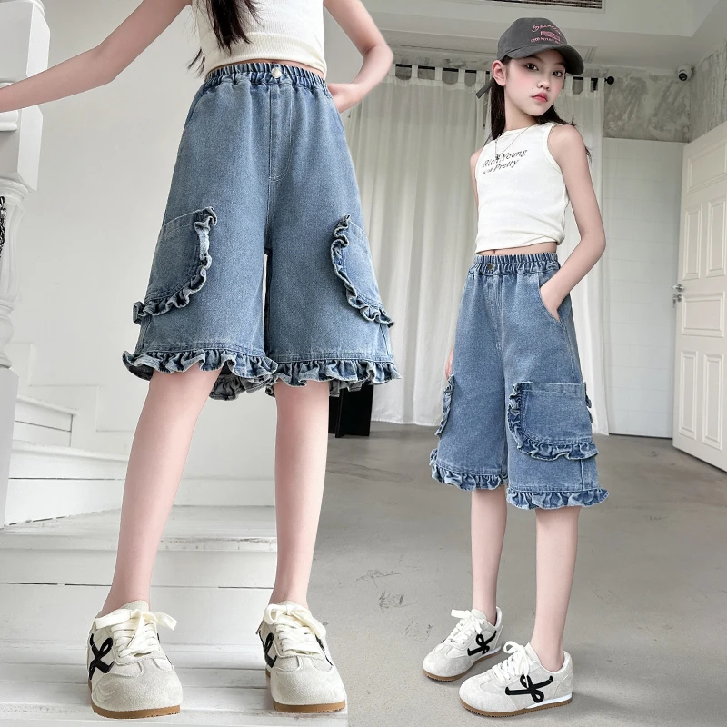 女童夏季薄款牛仔中裤6-12岁儿童洋气花边个性百搭五分裤大童裤子