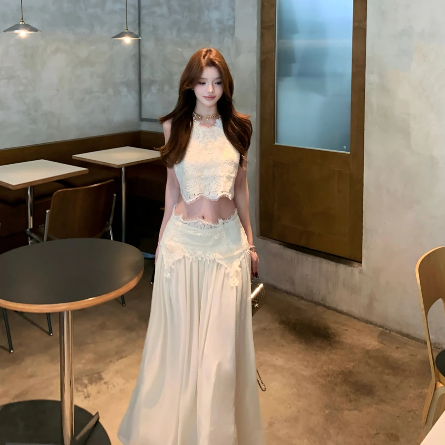 SHER法式重工显瘦蕾丝无袖背心女夏季宽松垂感A字裙半身裙两件套