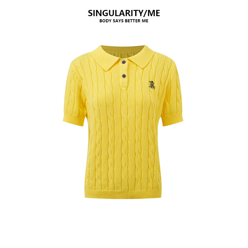 Singularity Me 3A 3087 刺绣字母黄色麻花polo领针织衫打底衫T恤