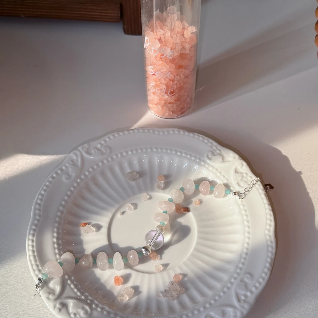 hucares原创「粉色冰泉」粉水晶白水晶手串手链果冻粉带证书