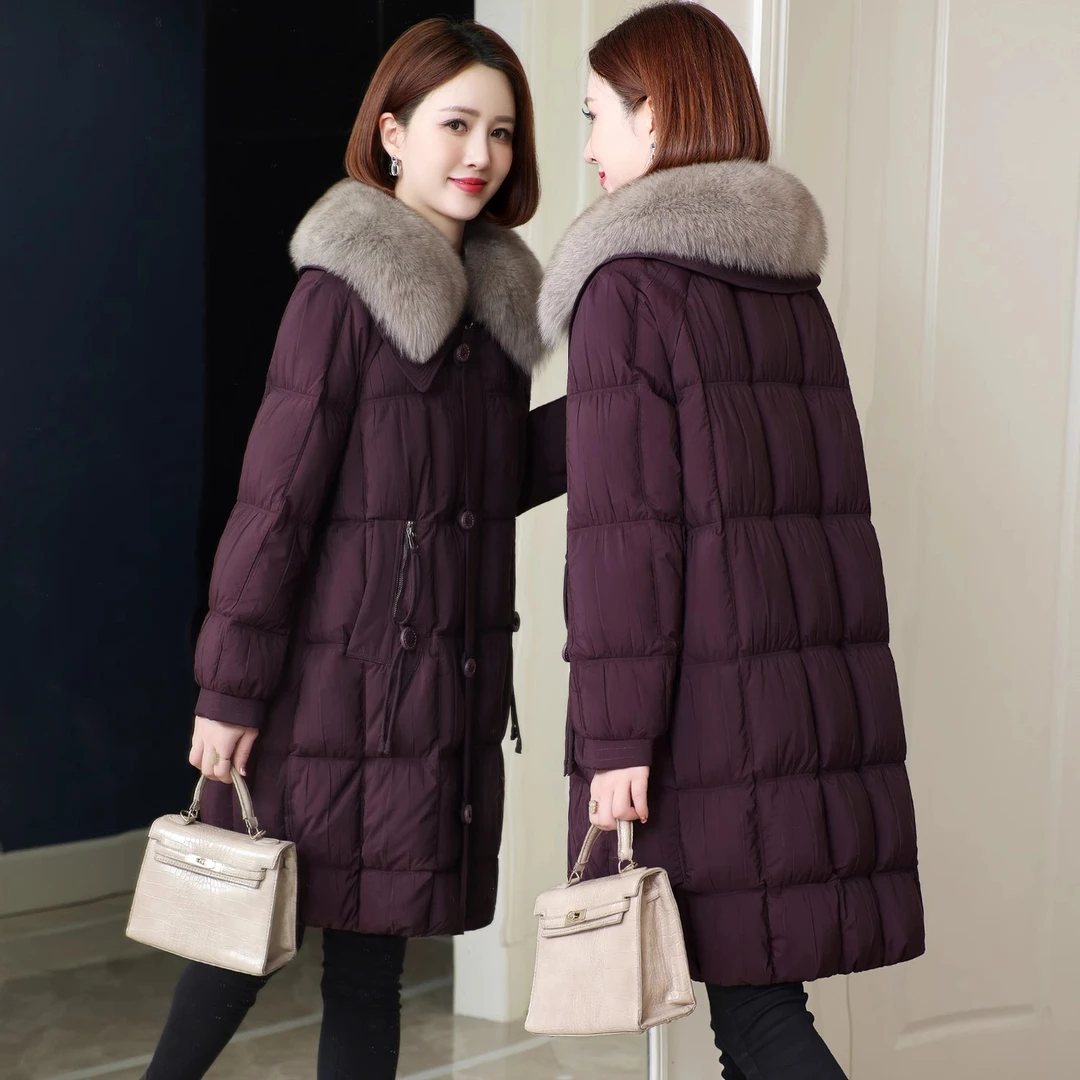 2025冬季新款女装真毛领时尚长款过膝鹅绒羽绒服女中老年妈妈装