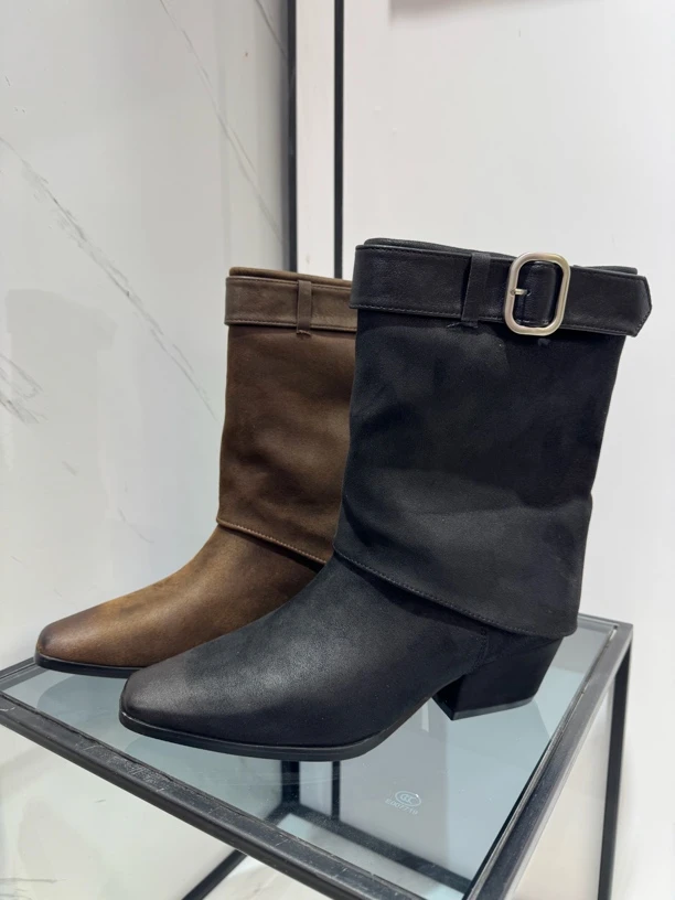 809-02绒面短靴女复古尖头裤筒靴加绒保暖时尚中筒靴