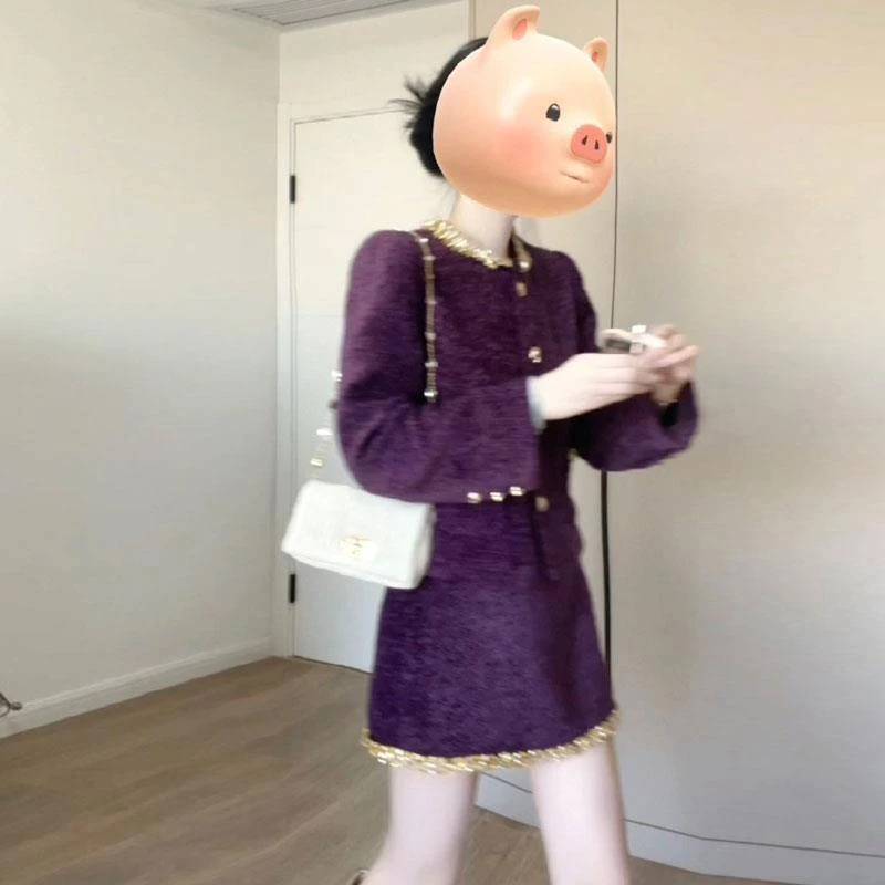法式富家千金小香风套装高级感紫色短款外套半身裙气质名媛两件套
