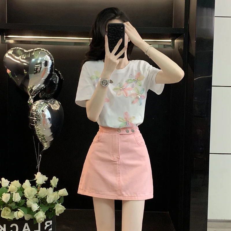 穿搭时尚套装裙女夏季减龄短袖T恤牛仔上衣搭配半身裙裙子白色