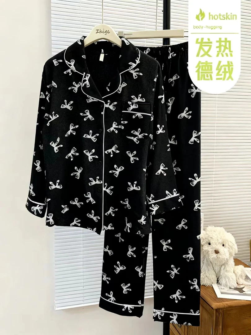 秋冬季翻领开衫加厚睡衣卡通简约可外穿两件套