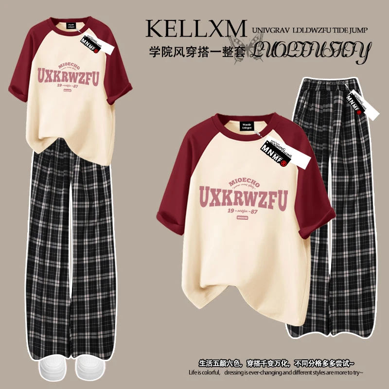 男女童插肩短袖t恤格子裤套装美式ins字母印花夏季中大童潮牌上衣