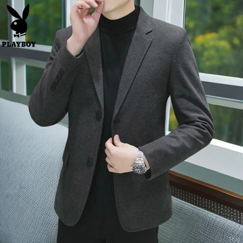 花花公子春秋季正装休闲西装男青年西服毛呢灰色商务外套男士职业