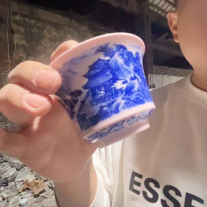 瓷片景德镇陶瓷红嘻嘻马蹄山水盖碗