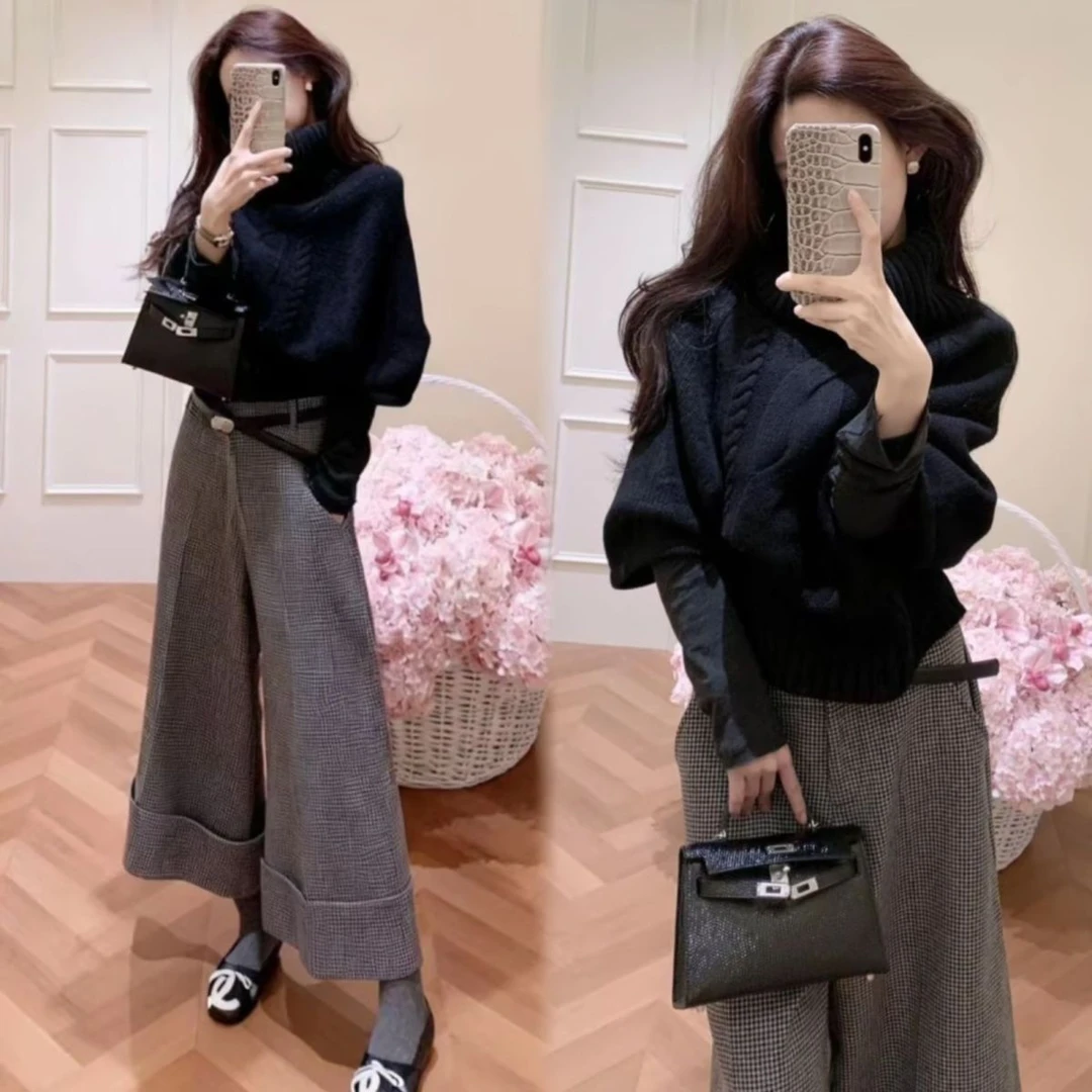 2025秋冬新款韩系设计感打底衫叠穿黑色毛衣千鸟格阔腿裤三件套女