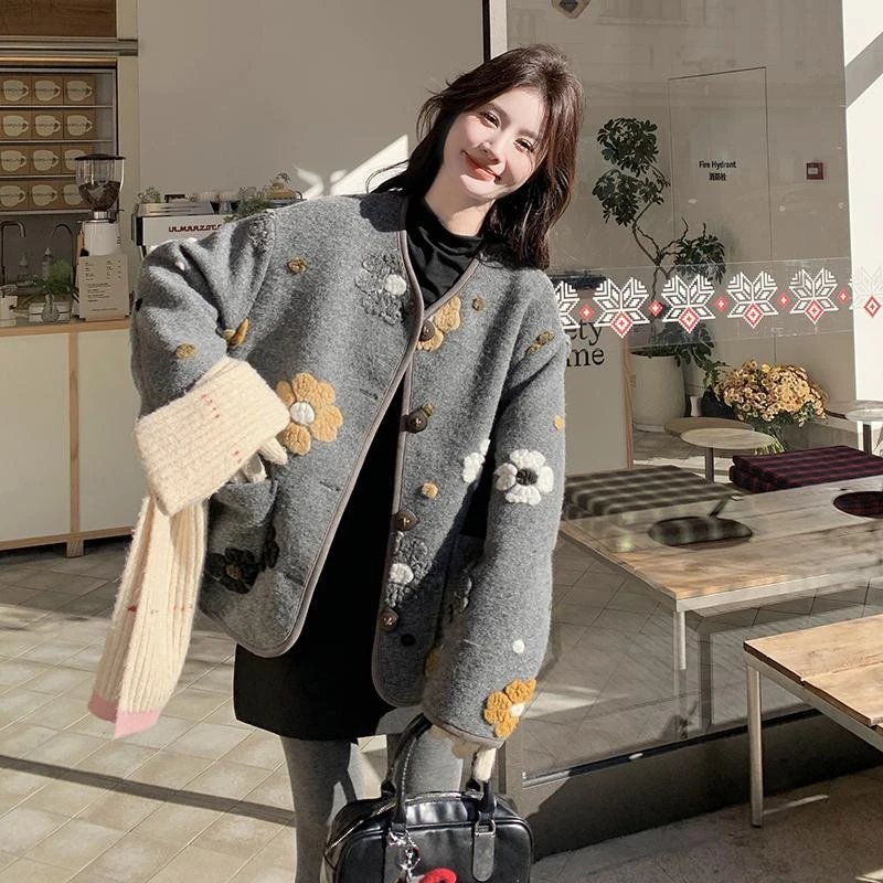 灰色设计感立体花朵毛呢外套女冬季款加厚90白鸭绒羽绒服内胆上衣