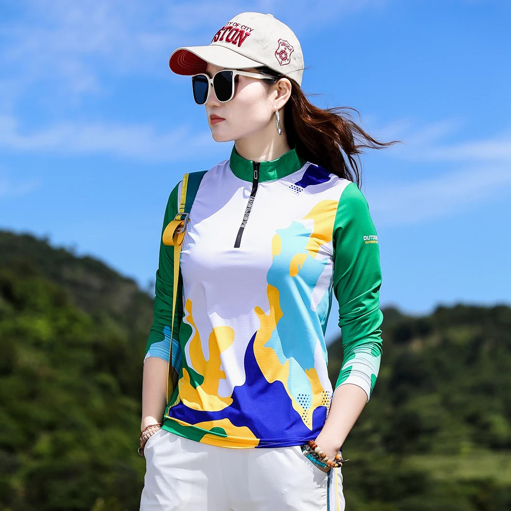 户外冰丝迷彩速干衣女长袖T恤弹力透气运动跑步徒步快干衣女夏季