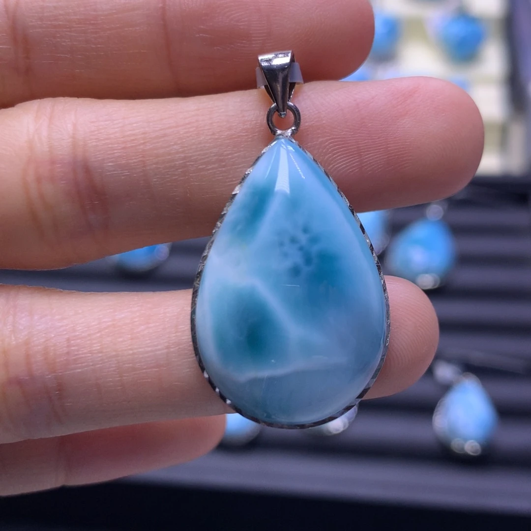 针钠钙石（海纹石）银S925镶嵌吊坠(不含链)水滴吊坠色差略异