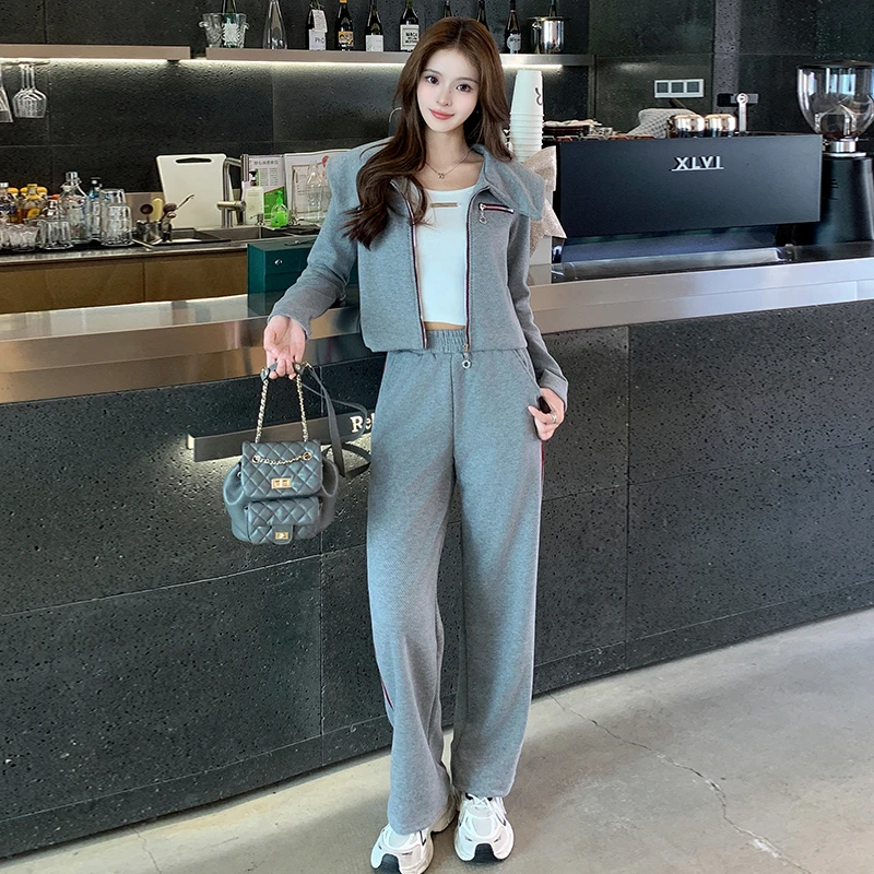休闲运动春季新款灰色高级感减龄气质时髦开衫上衣阔腿裤两件套潮