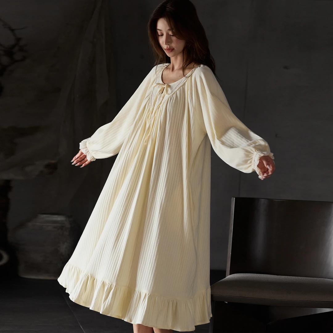 法式宫廷风睡裙女纯棉春秋季宽松中长款性感睡衣女连衣裙甜美秋季