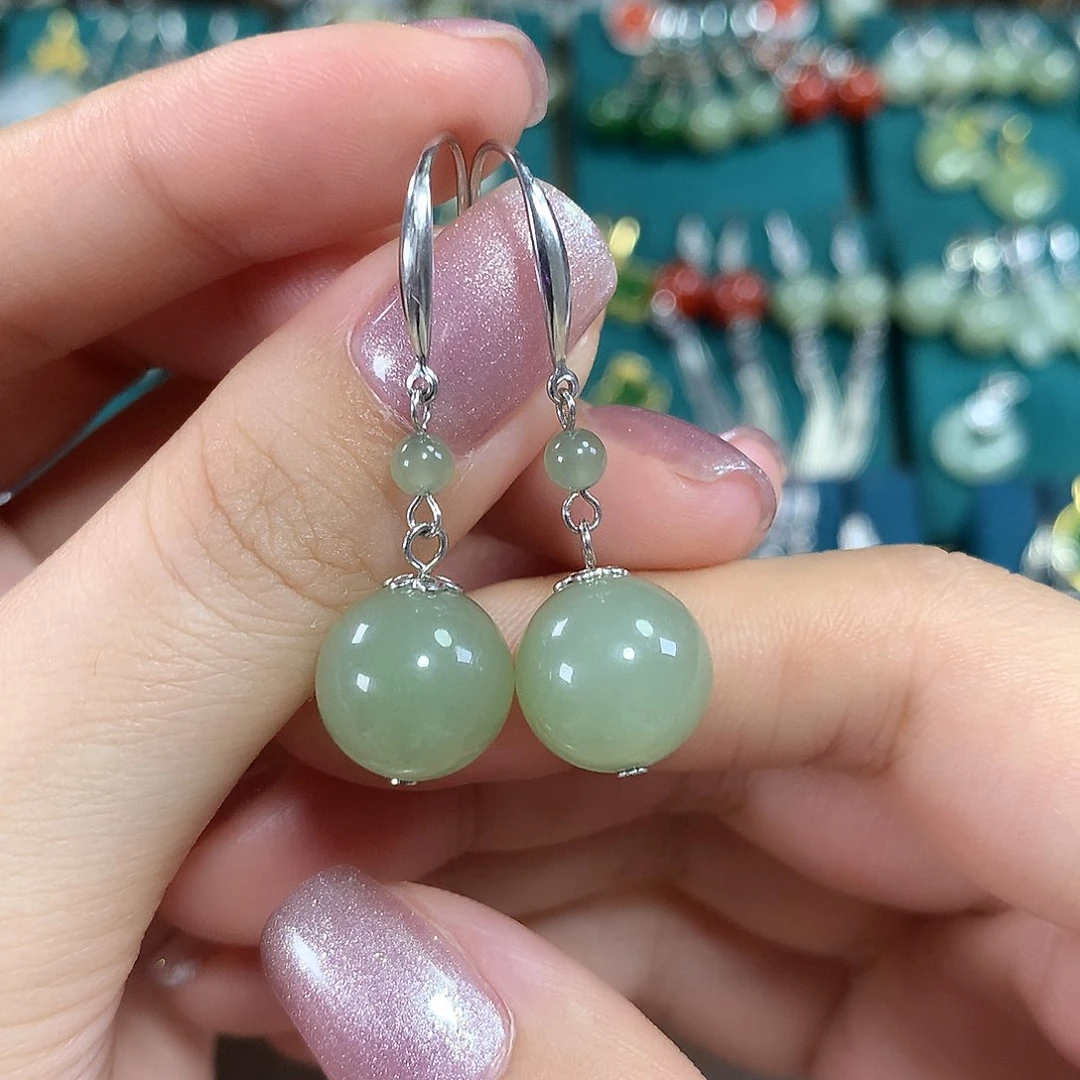 和田玉银S925镶嵌耳饰天然卡12mm左右冰晴水