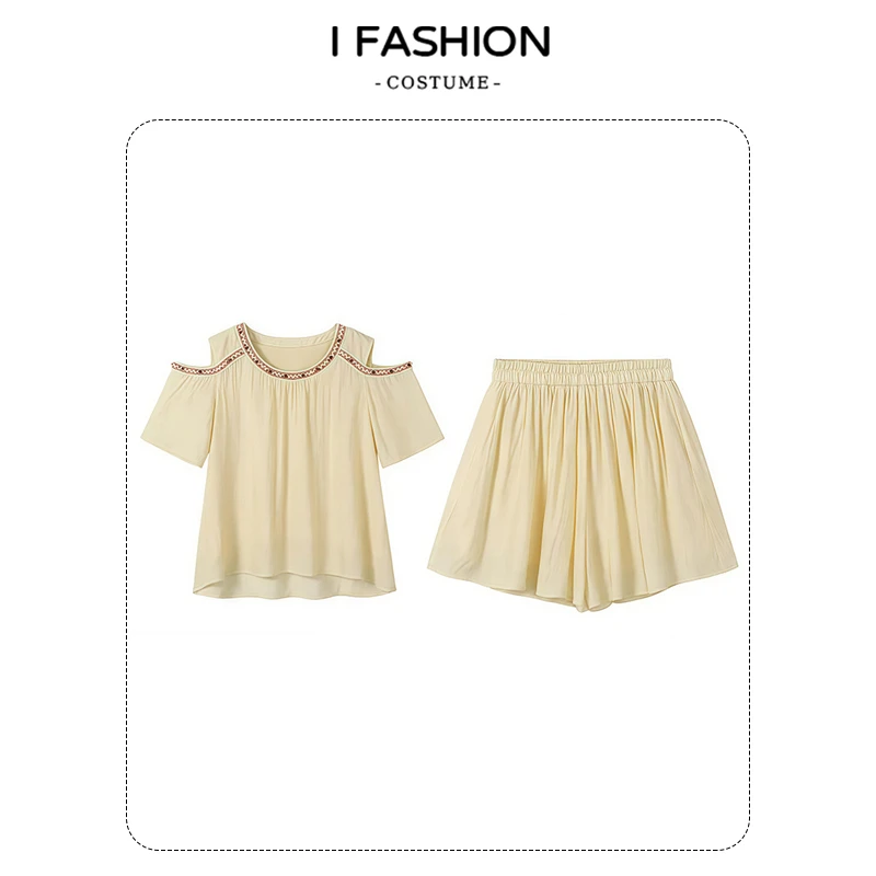 法式时尚套装女士2025年夏季新款洋气减龄显瘦露肩上衣短裤两件套