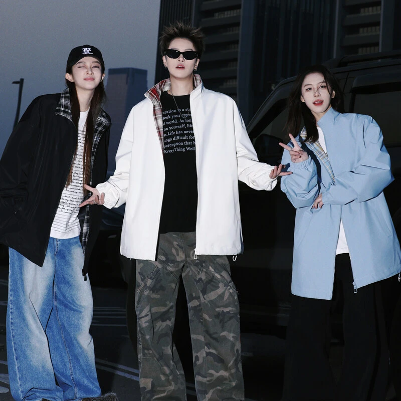 格子拼接立领运动夹克男春季2025新款宽松休闲美式棒球服情侣外套