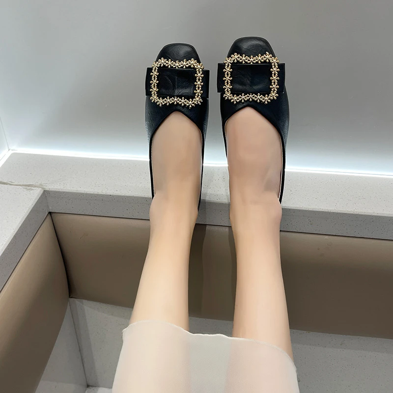 2025春季女鞋新款方头豆豆鞋浅口平底鞋软面单鞋一脚蹬女鞋806//C