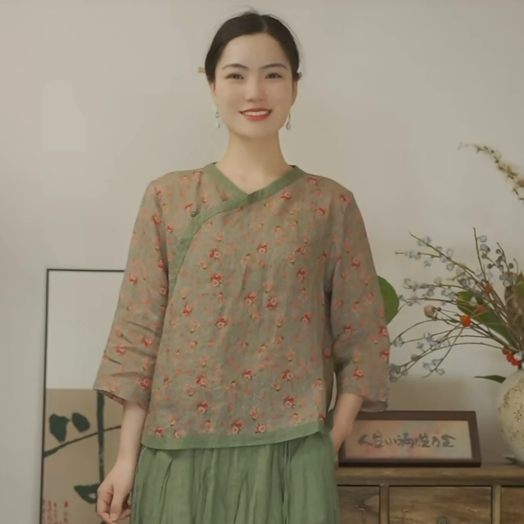 初见衣衣布舍 2025夏款斜襟复古碎花苎麻上衣971