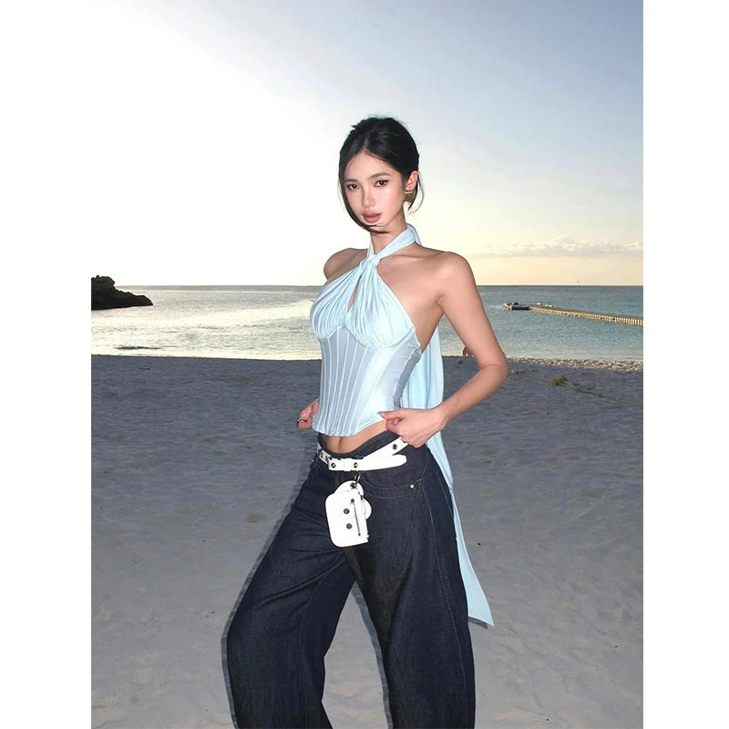 夏季新款度假风纯欲辣妹风蓝色挂脖鱼骨吊带女修身气质牛仔裤套装