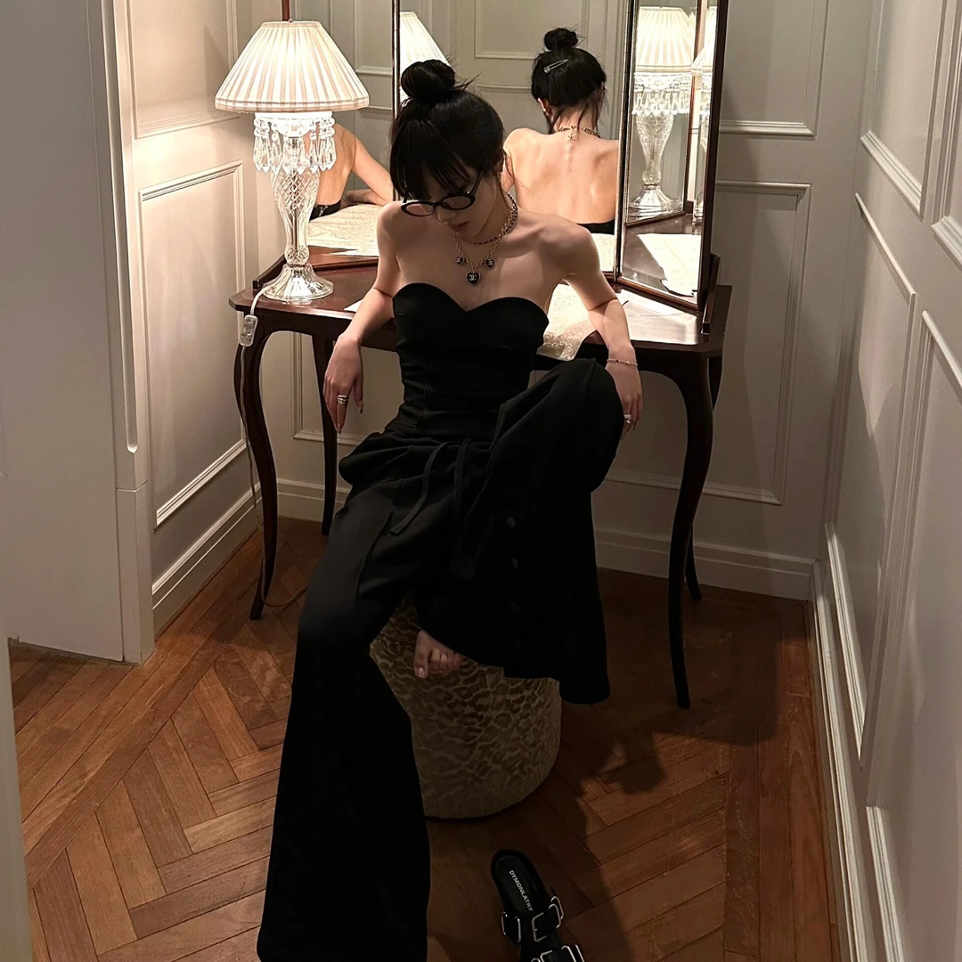 辣妹风时尚套装女露肩黑色抹胸背心上衣夏季高腰阔腿休闲裤两件套