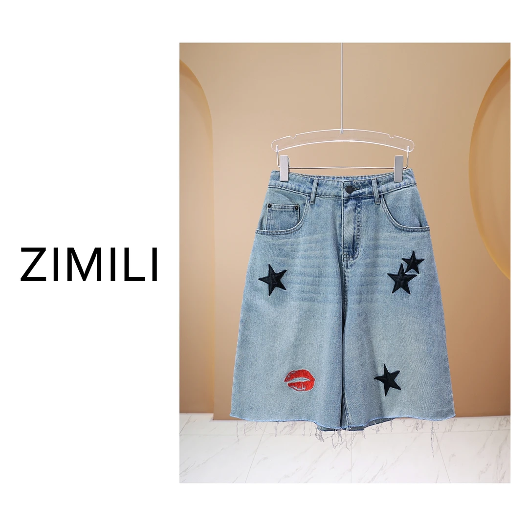 【亮哥女装】2025欧版《逐夏》轻薄磨砂灰重工刺绣时尚牛仔短裤7278